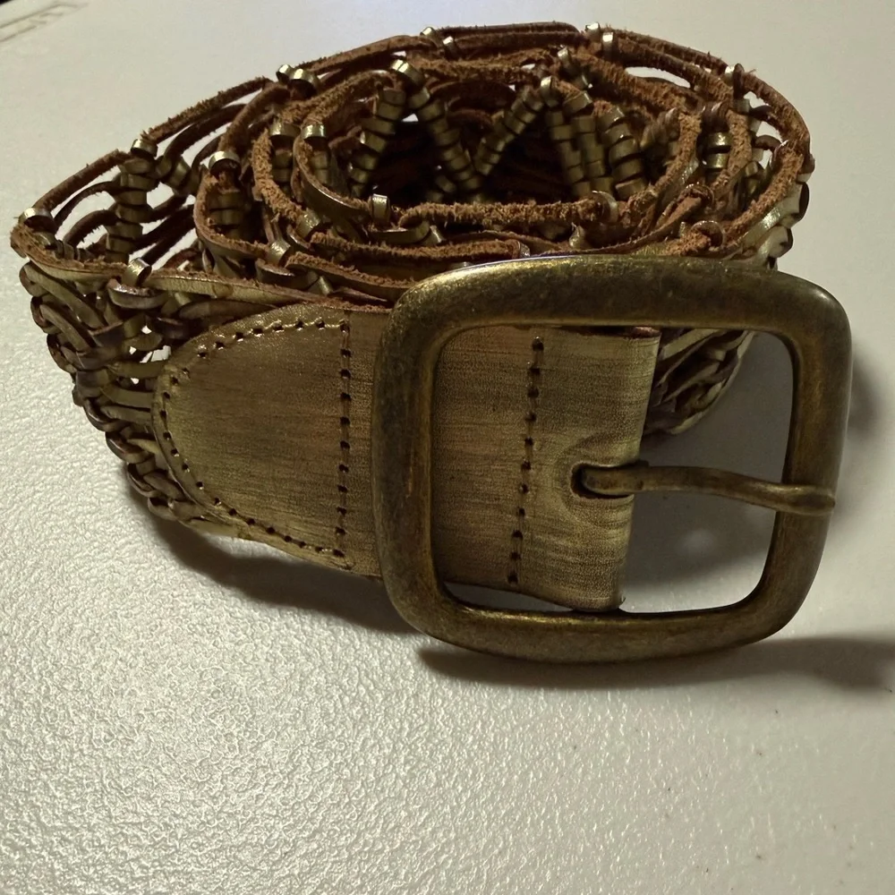 Fossil Gold Woven Genuine Leather Belt Size Small Beach Coastal Boho Festival